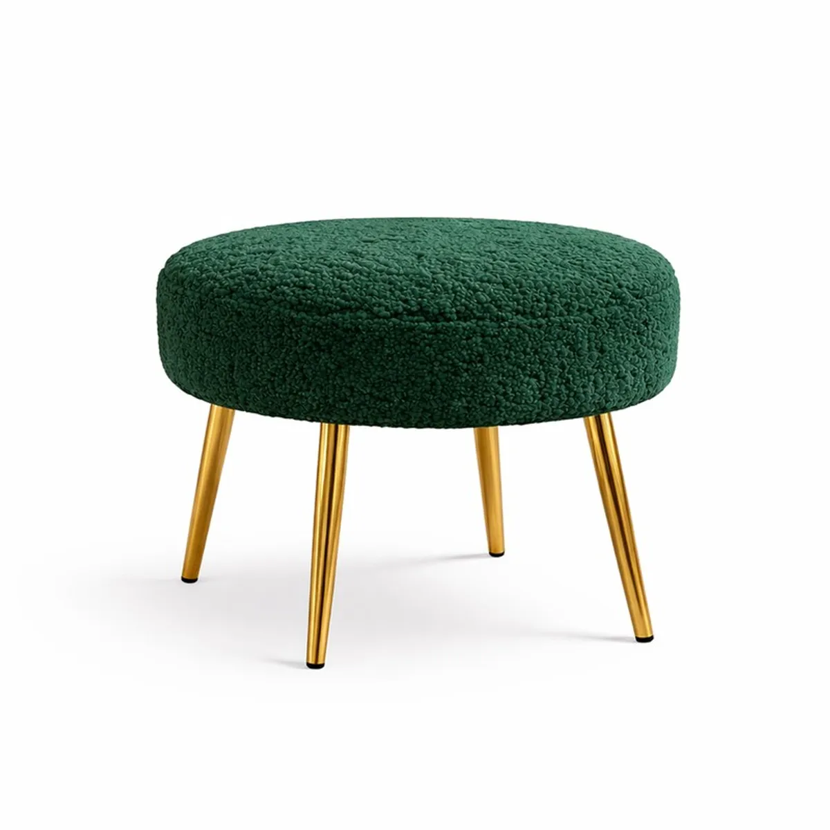 Green round bouclé stool with four gold-finished legs on a white background