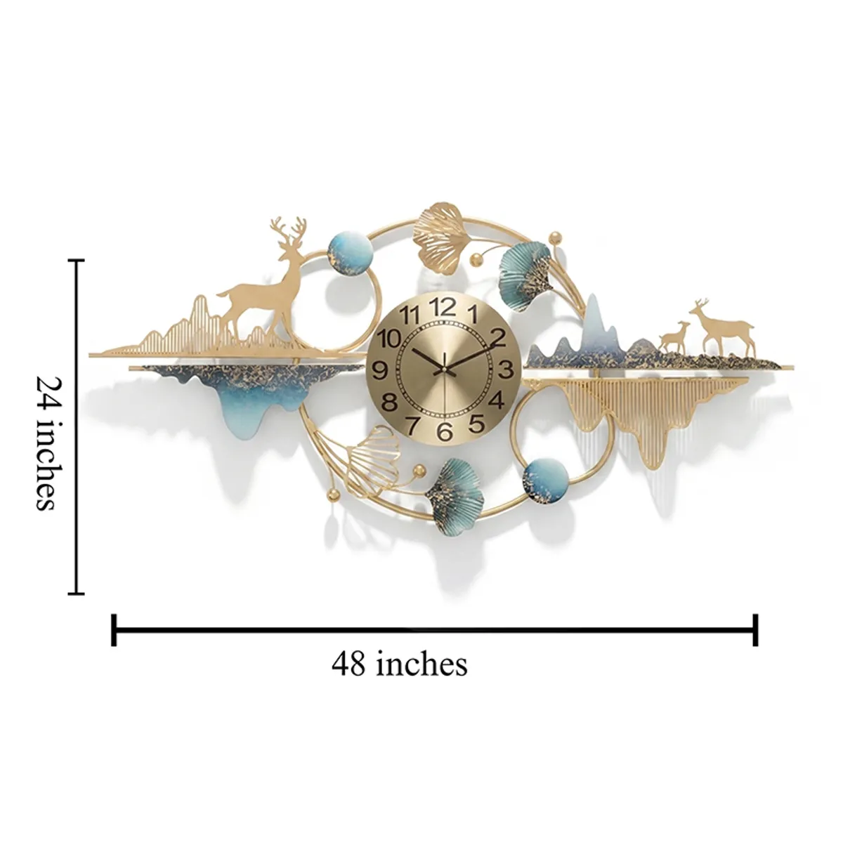 Decorative metal wall clock with marked 48 inch width and 24 inch height