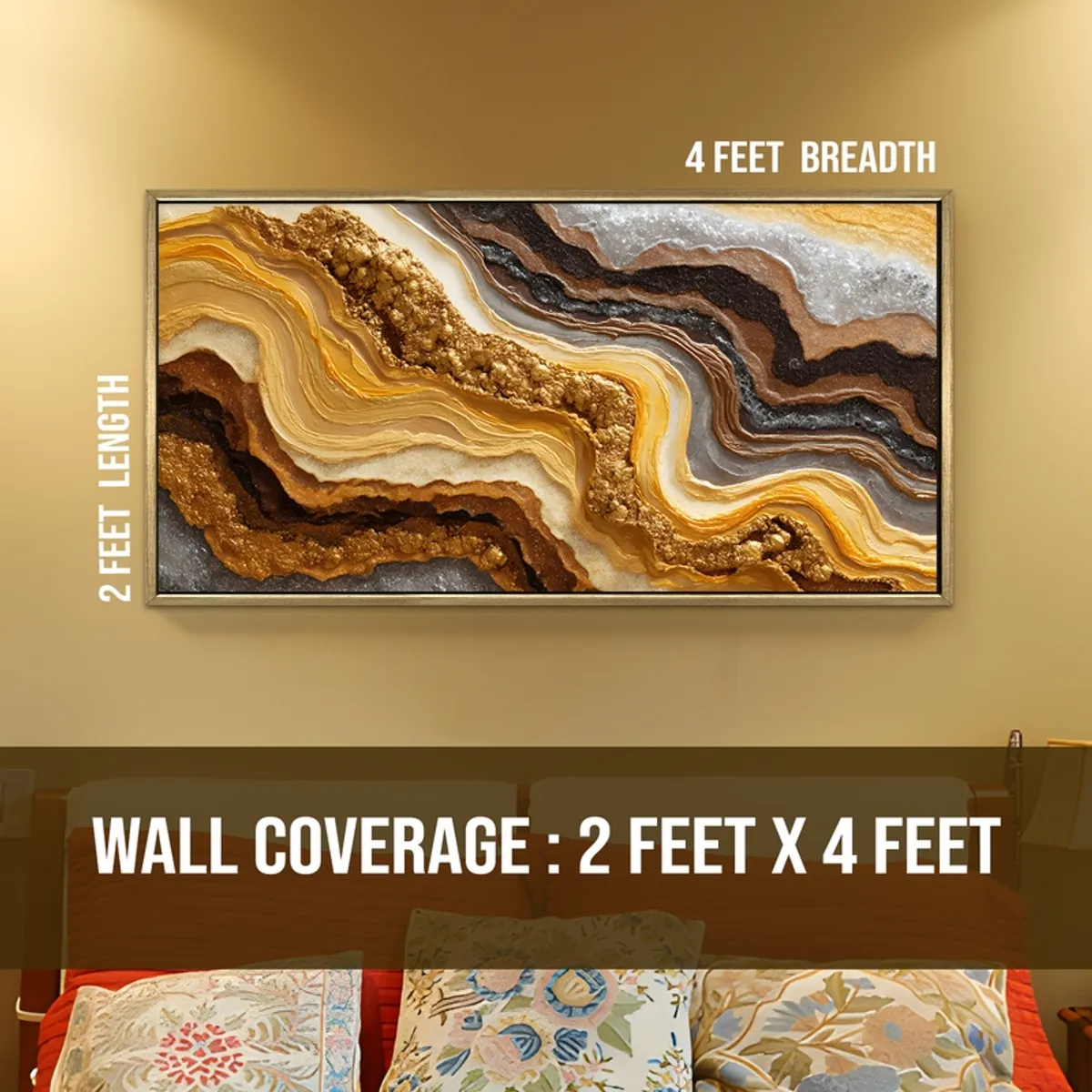 Wide rectangular abstract geode wall painting shown on a wall