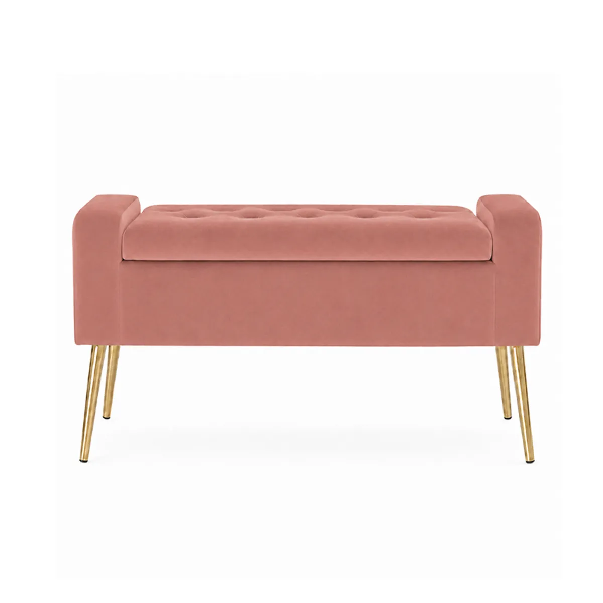 Front view of a pink tufted bench with gold tapered legs