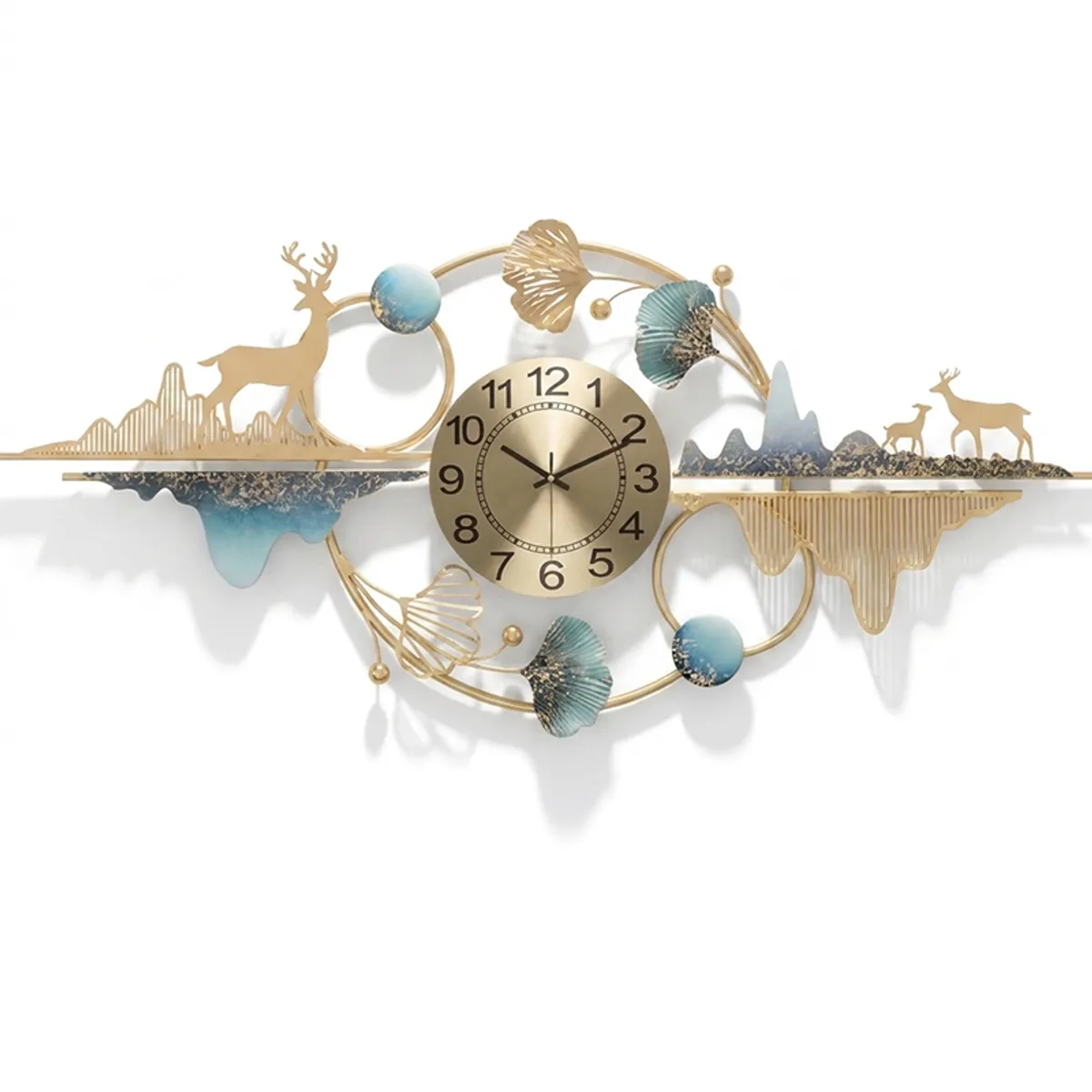 Front view of multicolour metal wall clock with deer motifs and abstract forms