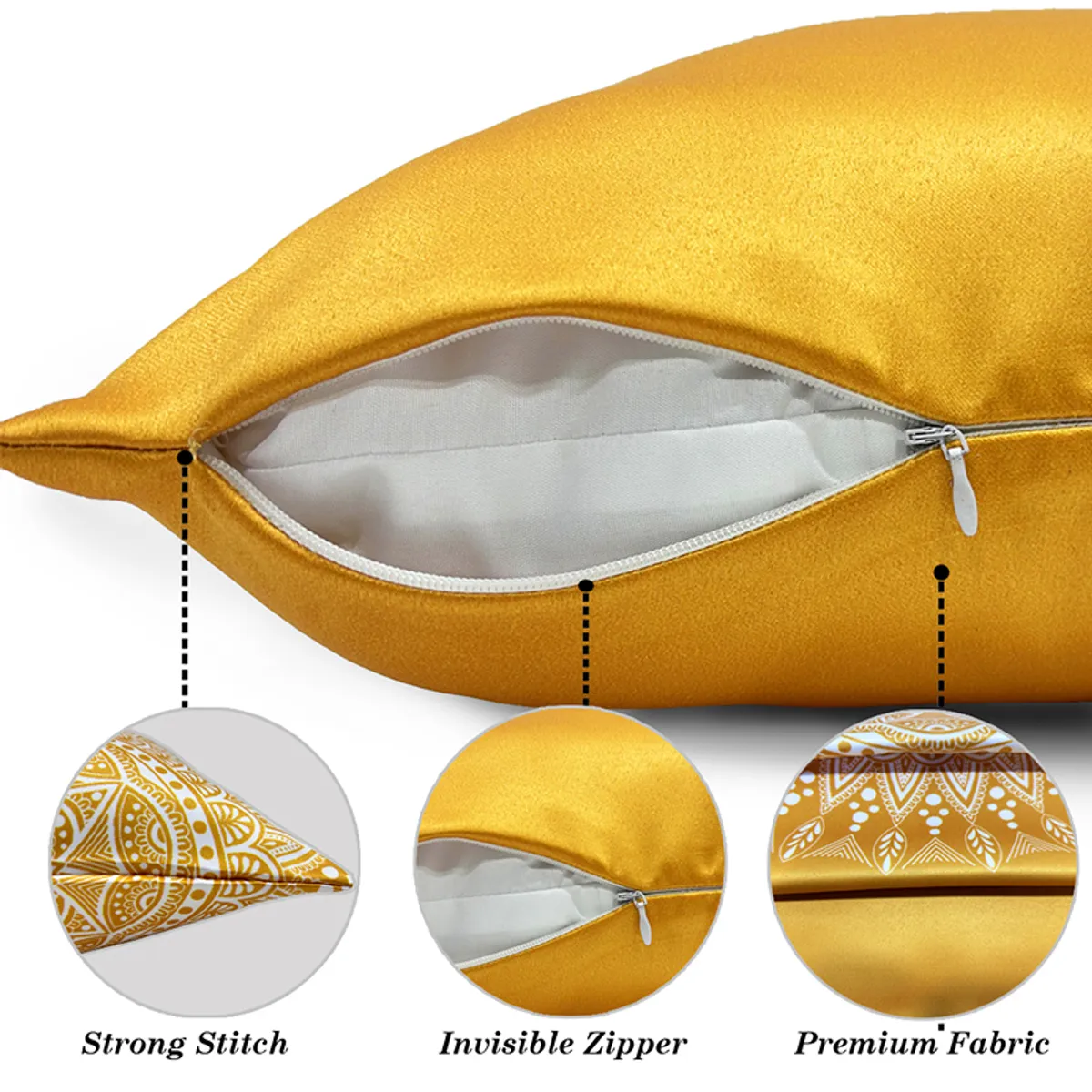 Close-up of a yellow cushion cover showing its zip closure and inner lining.