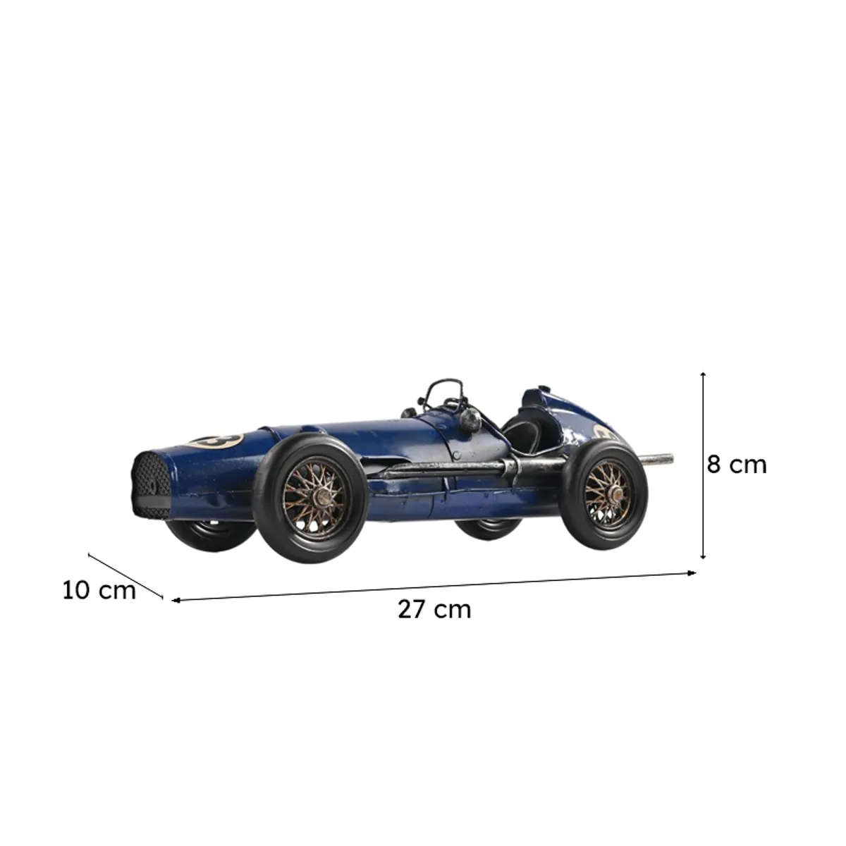 Blue racing car showpiece with dimensions shown visually