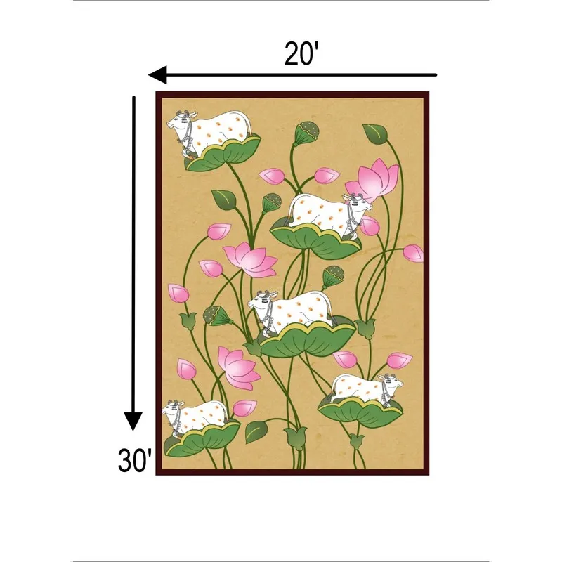 Framed sacred lotus cow painting with illustrated size markings