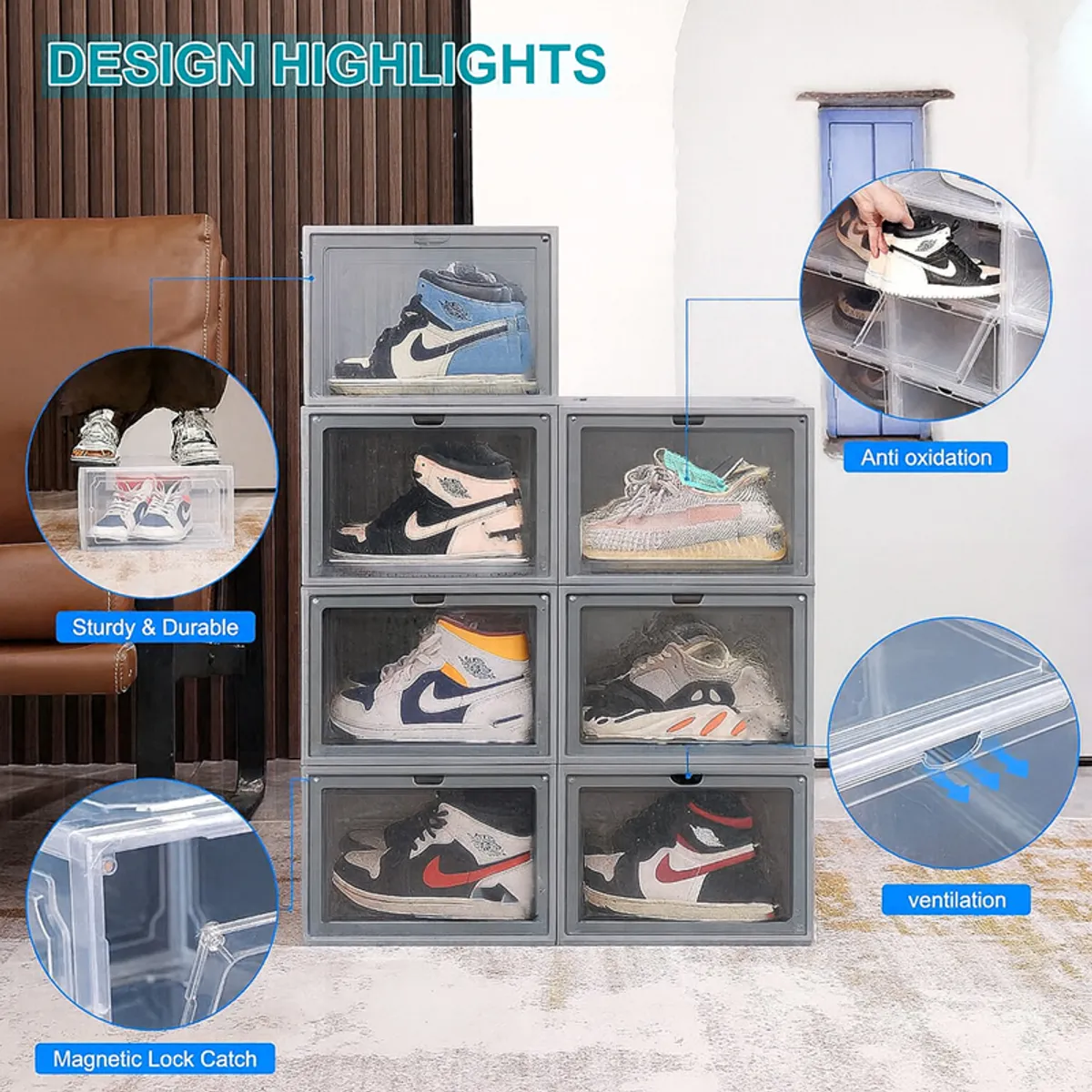 Transparent shoe racks arranged in a stack with different shoes displayed inside.