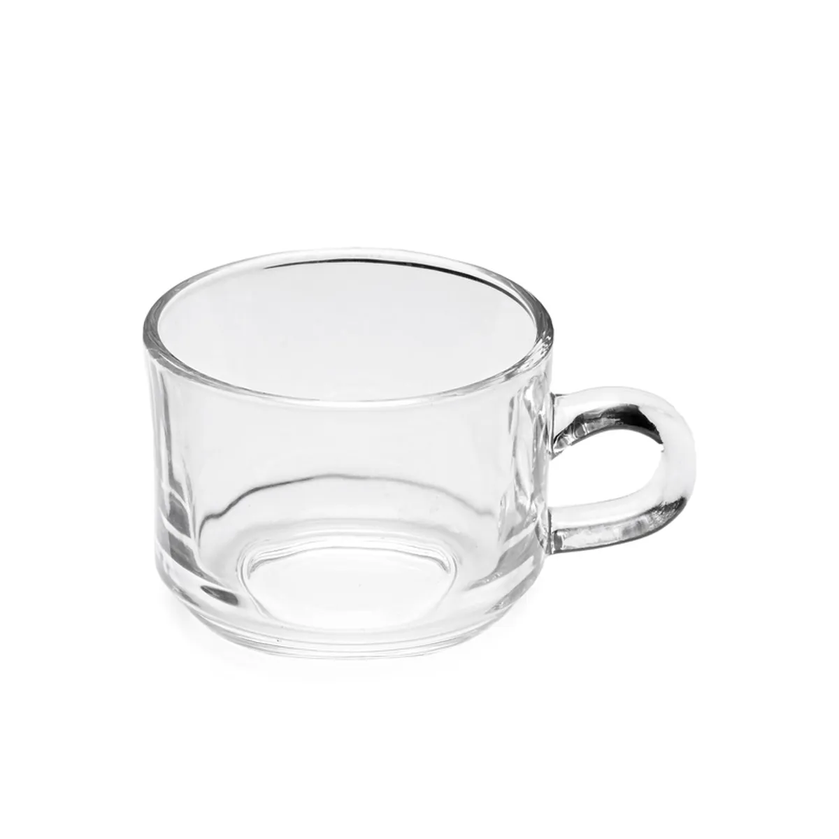 Single transparent glass tea cup shown against a white background