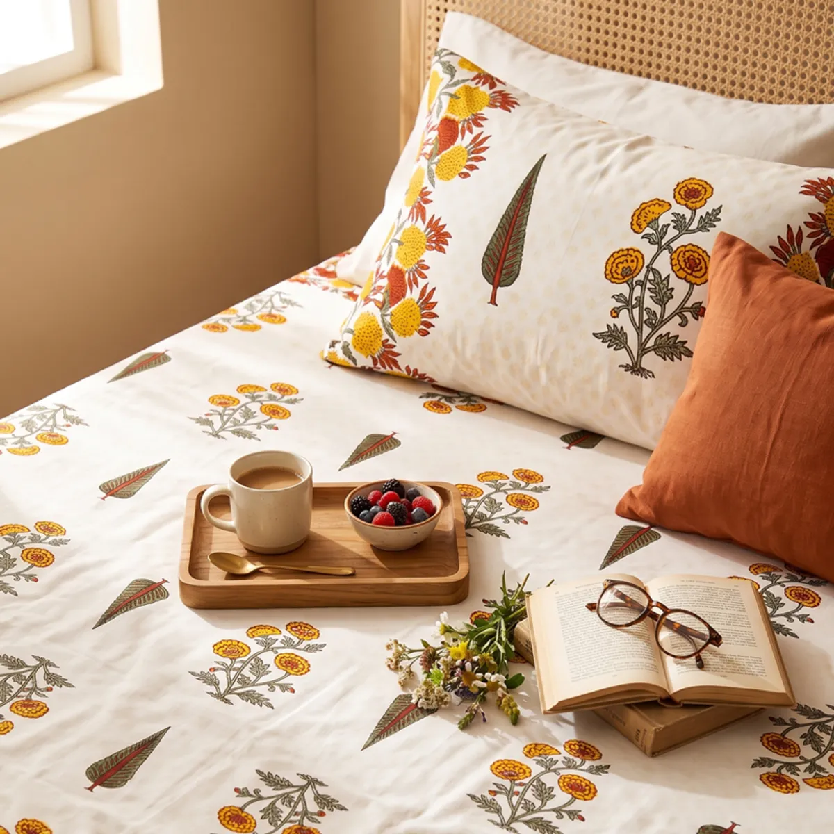 Close view of warm floral and leaf print on cotton bedding