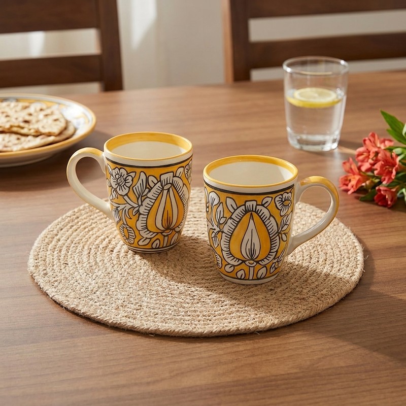 Warm Sips Ceramic Coffee Mugs (Yellow & White/300 mL Each) - Set of Two - 300 mL