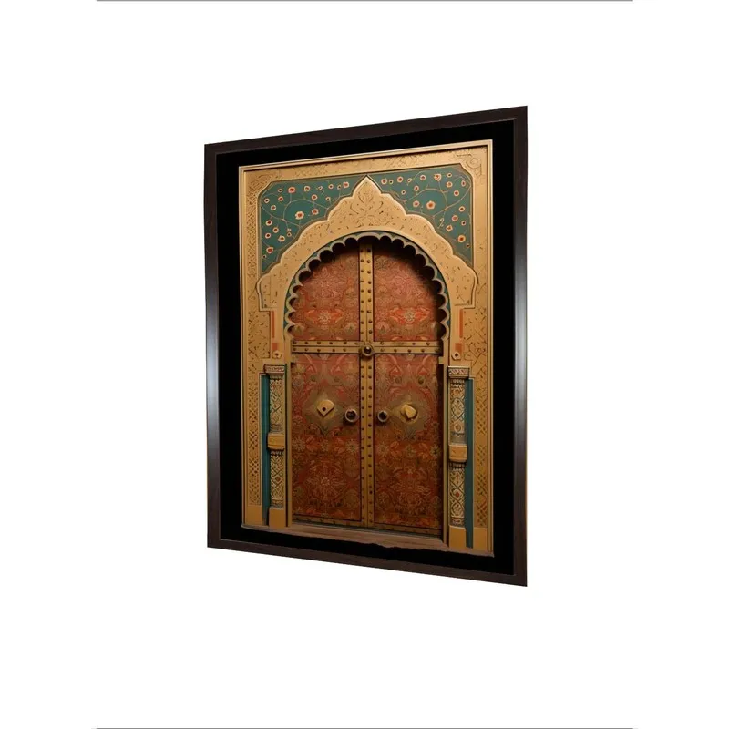Angled view of framed canvas painting with detailed heritage door artwork