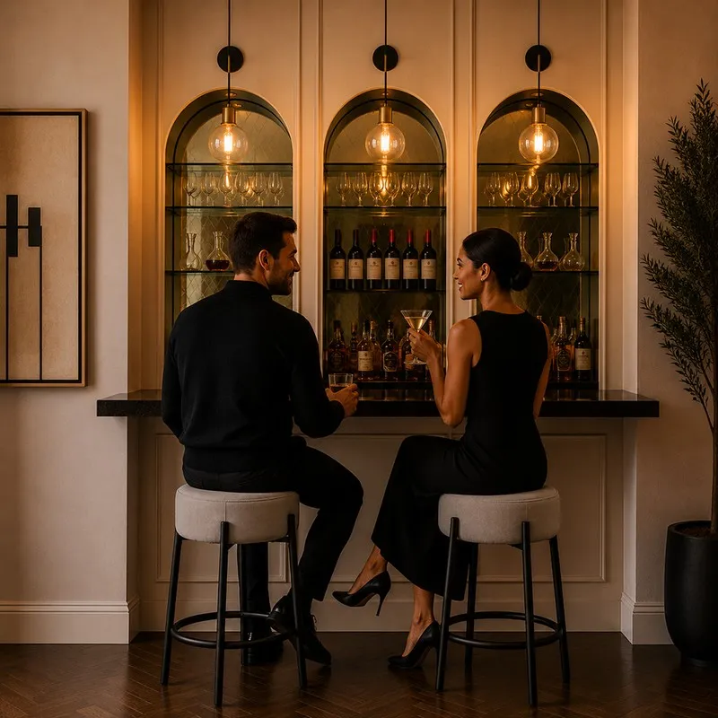 Two grey bar stools placed at a home bar setting