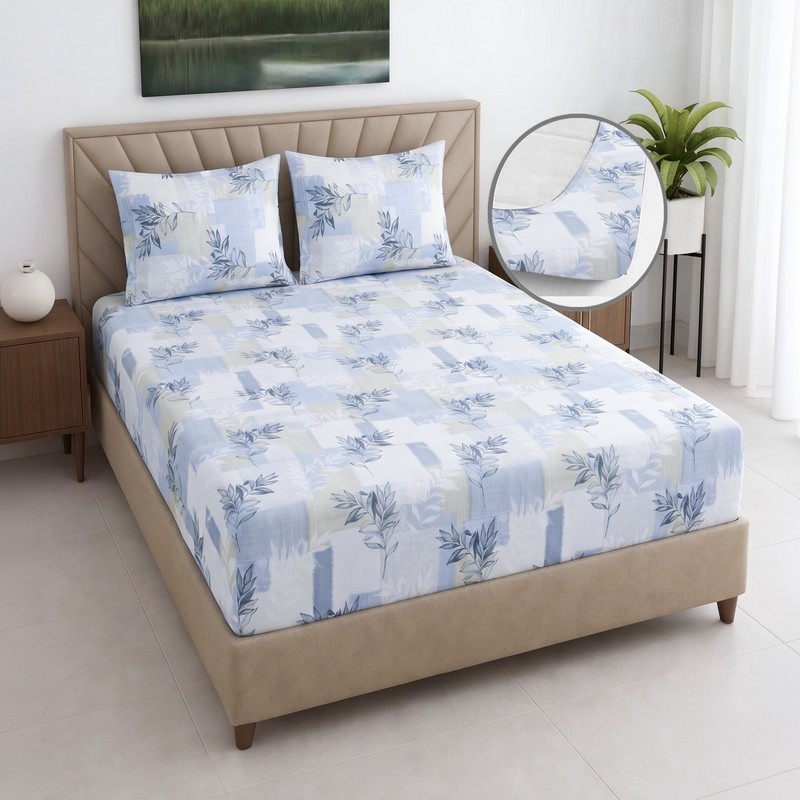 Floral Retreat Cotton Fitted Bedsheet (Blue) - 400 TC - King Fitted
