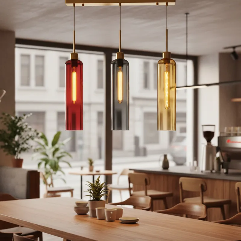 Three tubular glass pendant lights with gold fittings in a cafe-style setting