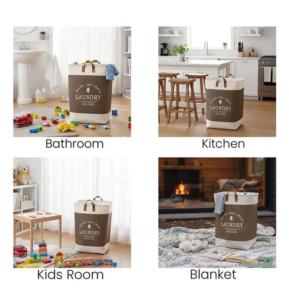 Brown and white basket shown in different home settings