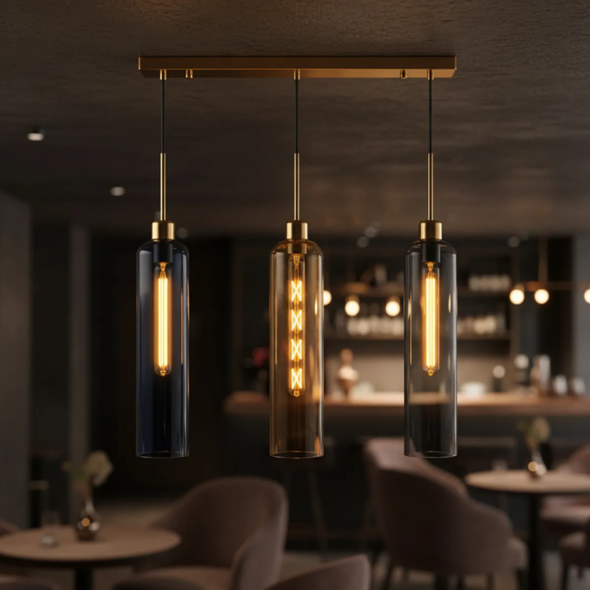 Three-light gold-finish pendant lamp with coloured glass shades in a dim interior