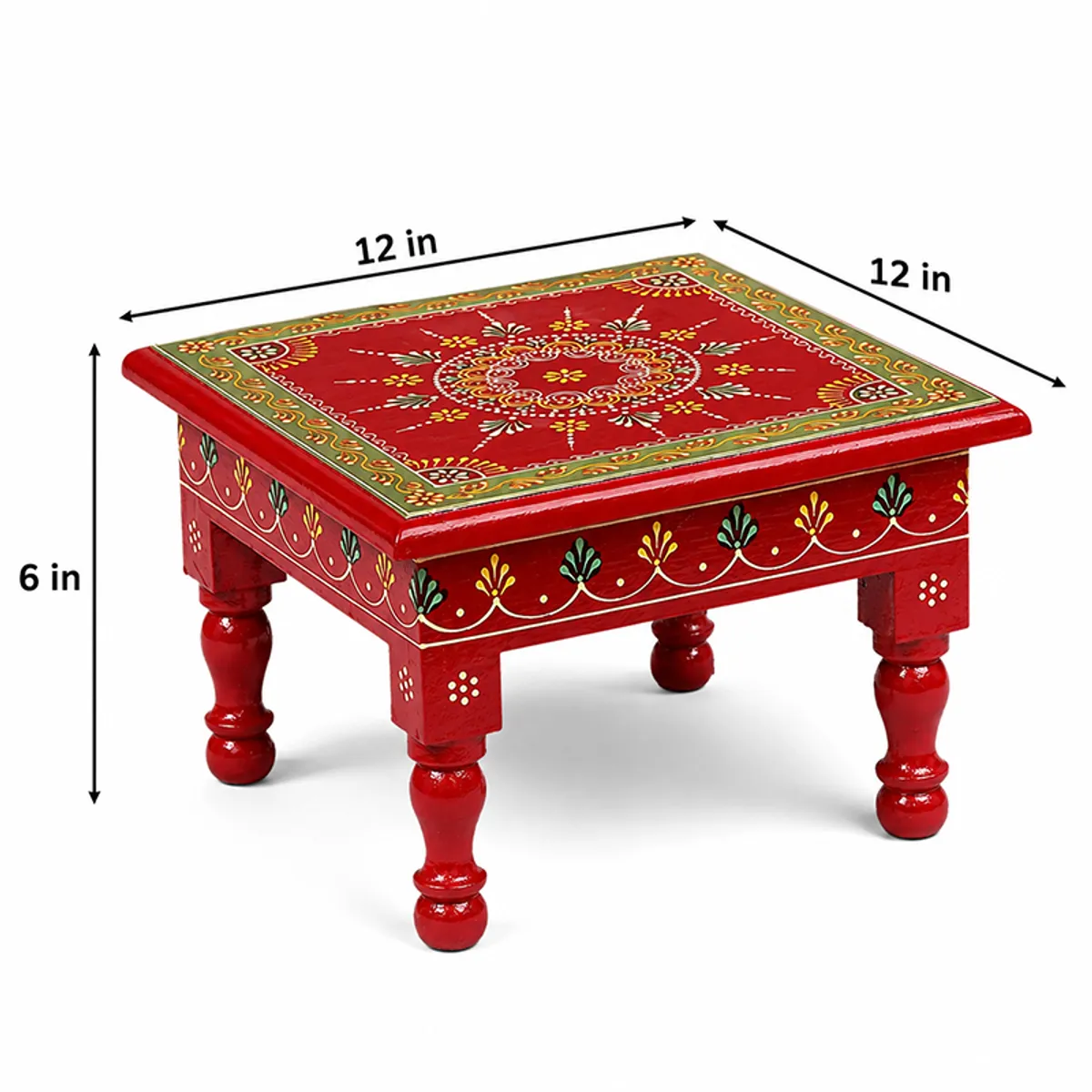 Red square wooden stool with painted top and legs, shown with dimensions