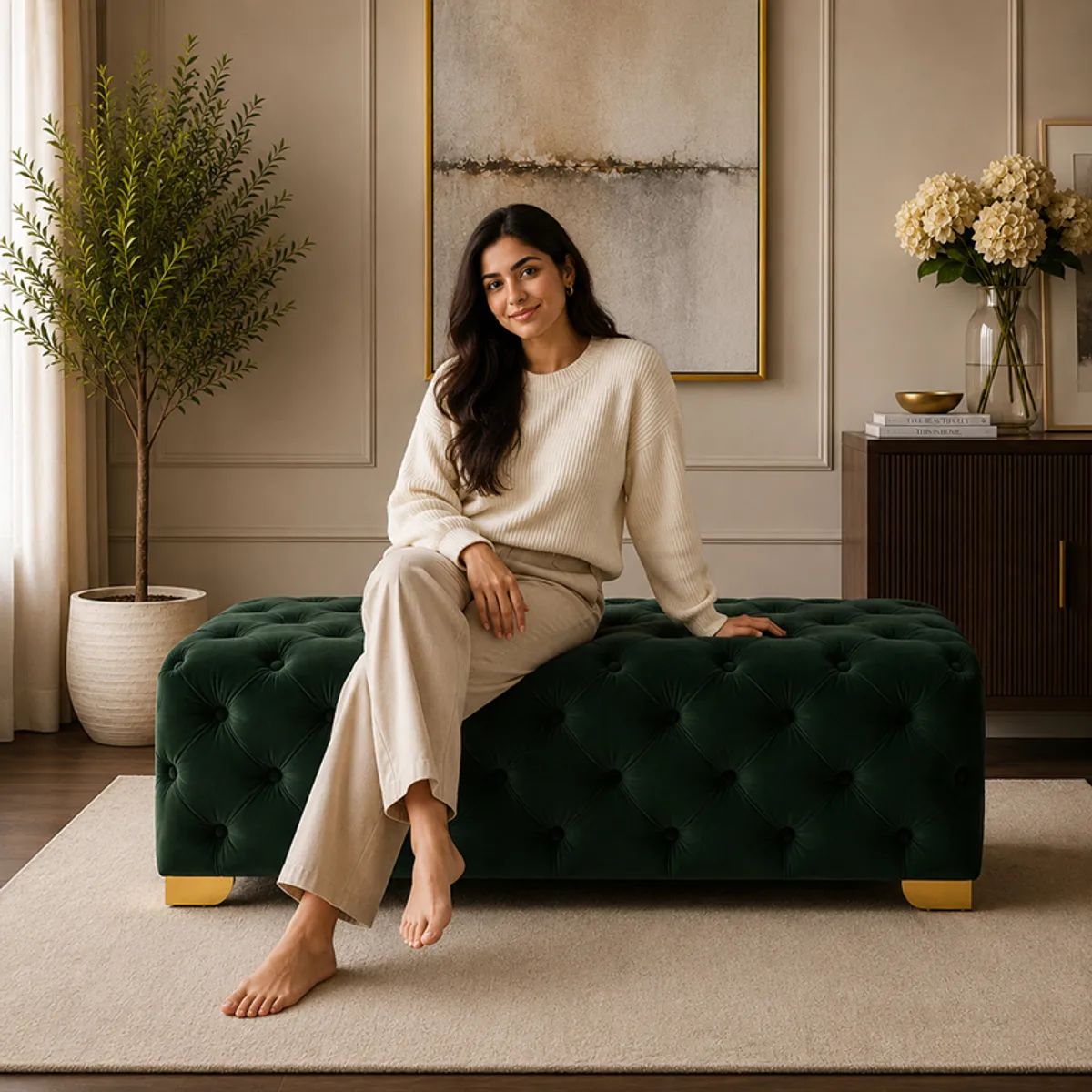 Person seated on a green velvet button-tufted bench with gold-finished legs
