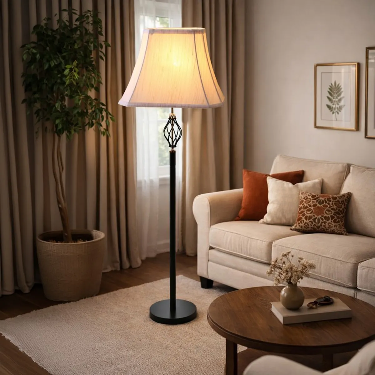 Tall floor lamp with glowing pleated shade in a warm living room setting