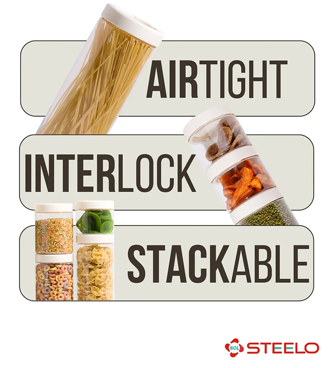 Clear stackable containers with white lids shown in an interlocking arrangement