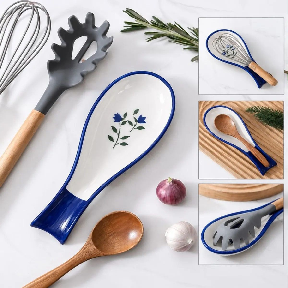 Blue floral ceramic spoon rest styled with wooden and black kitchen utensils