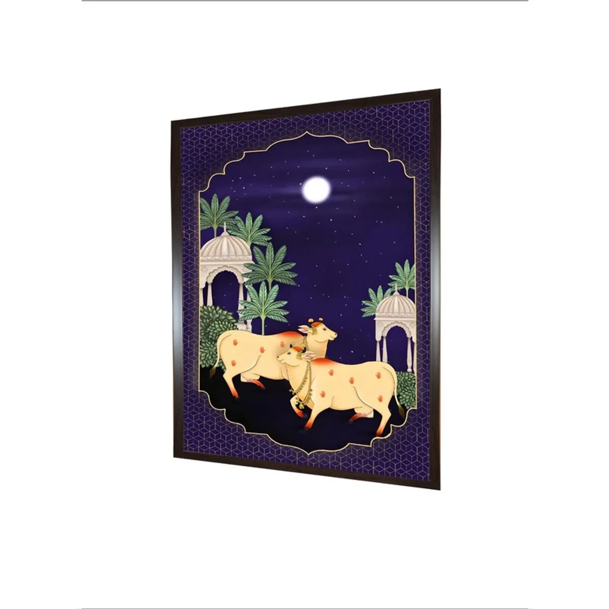 Angled view of rectangular framed painting with cows, palms and moonlit sky