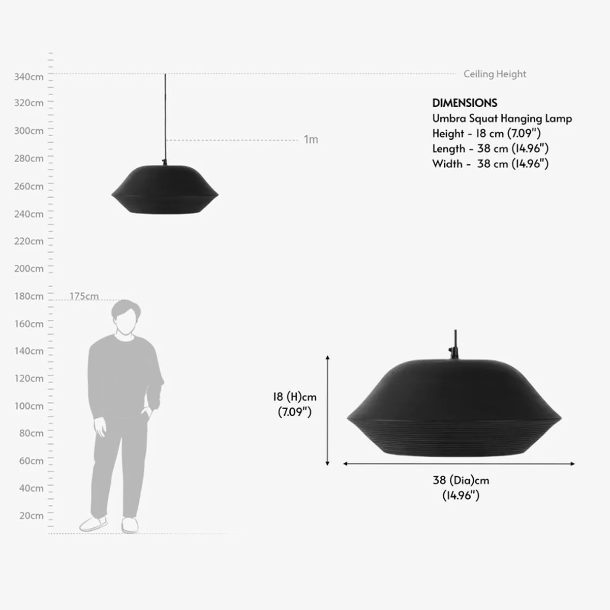 Dimension view of the black ceiling lamp with size illustration