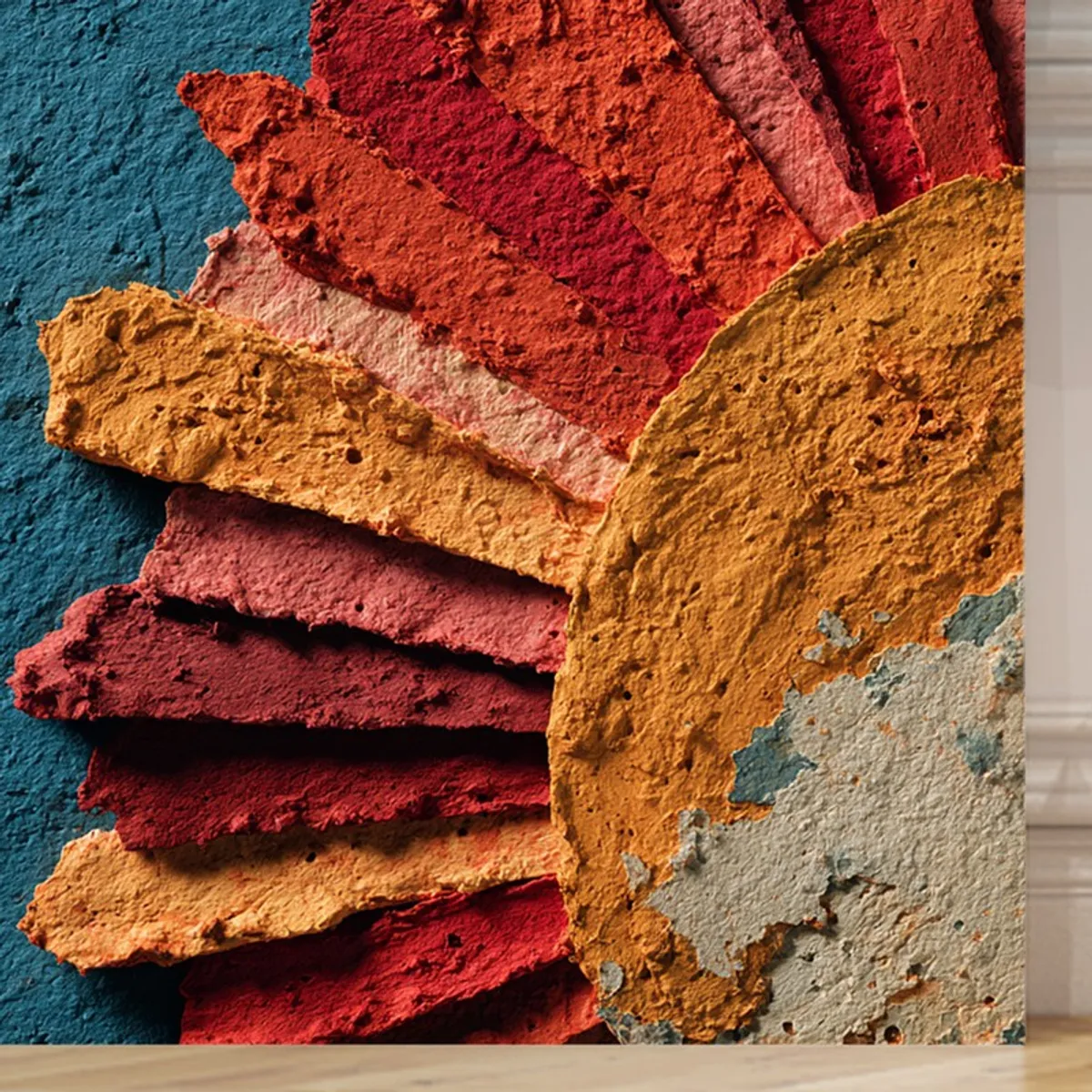 Close-up of the textured abstract design in red, mustard and blue tones