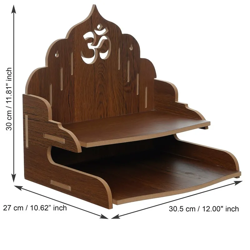 Wooden mandir with illustrated dimensions and two-tier shelf design