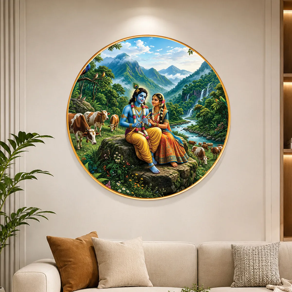 Round Radha Krishna wall art displayed above a sofa in a living room
