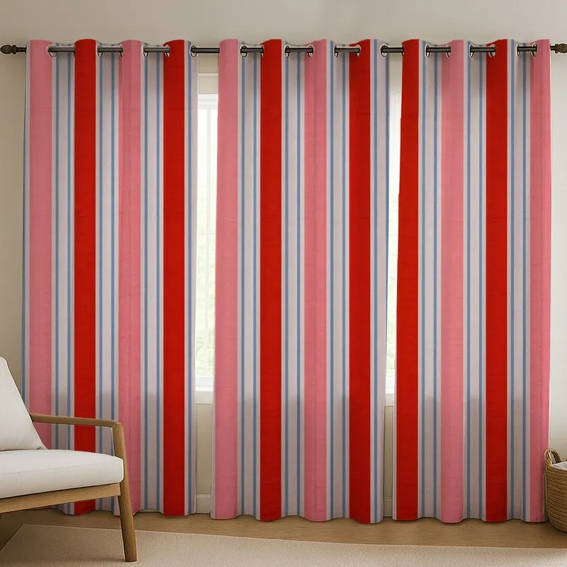 Red and Pink stripes 100% Cotton Room Darkening Curtains with Eyelet hanging, styled view