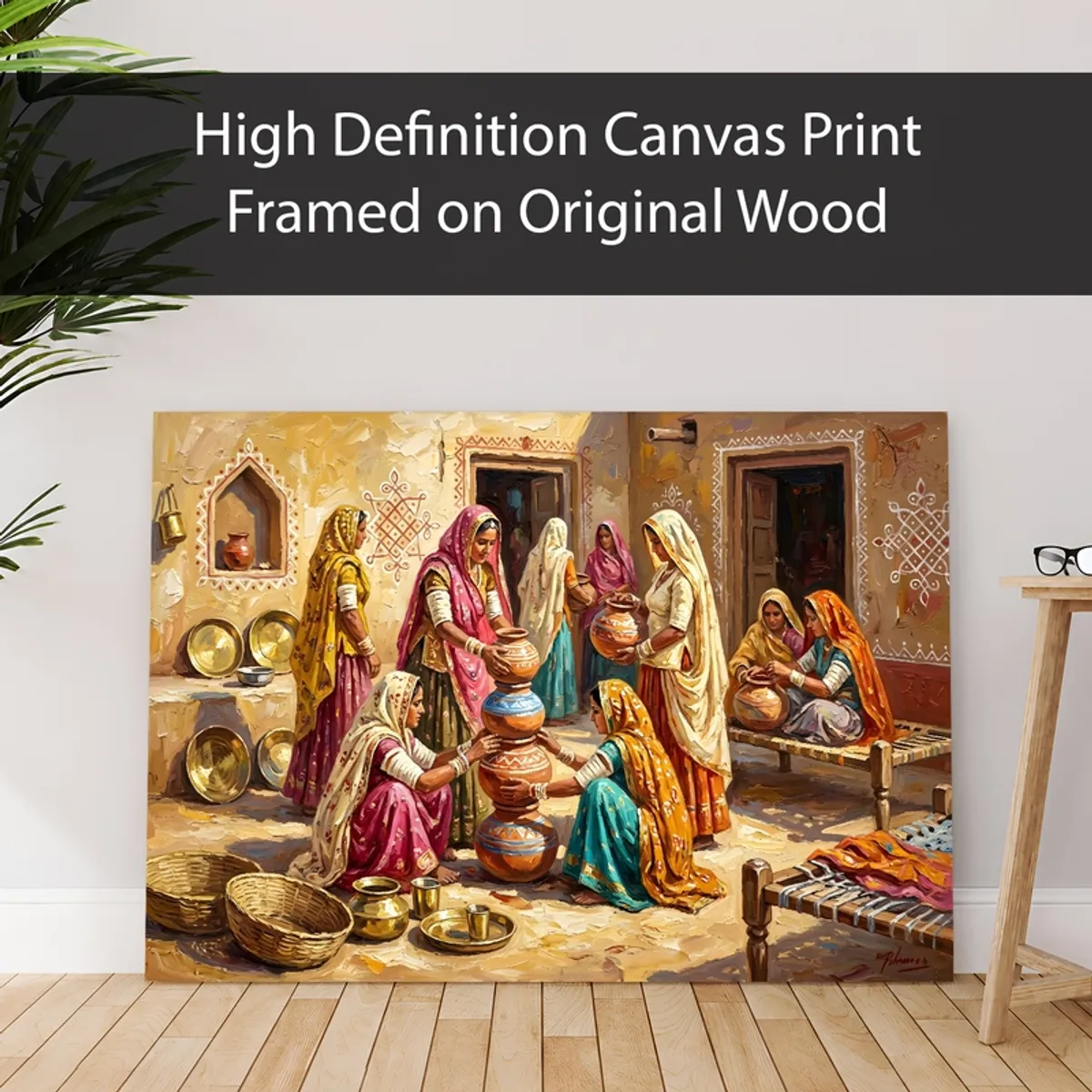 Rajasthani village scene canvas print leaning against a wall indoors