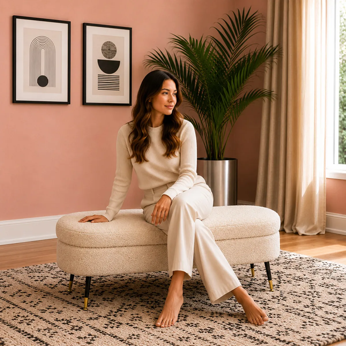 Person seated on a beige bouclé storage bench in a warm contemporary room