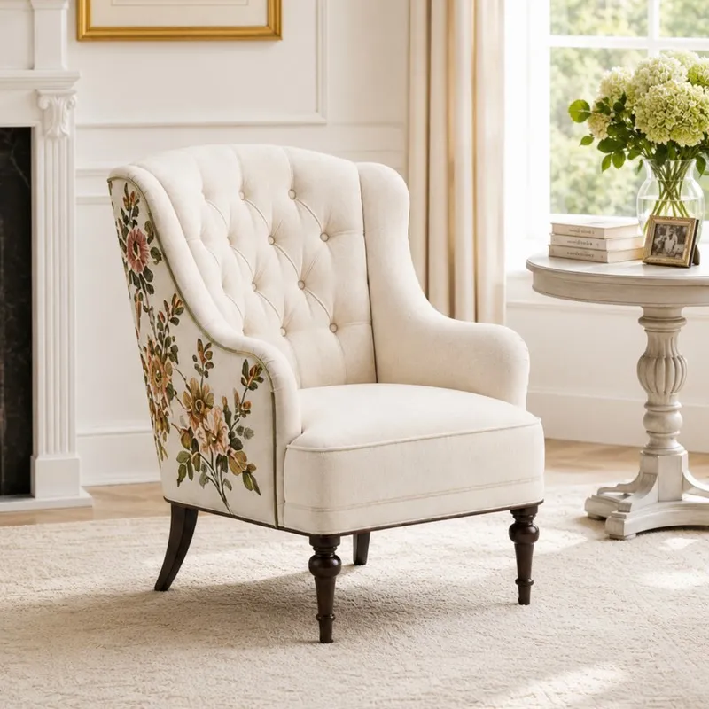 Angled view of cream lounge chair with floral embroidered side panels