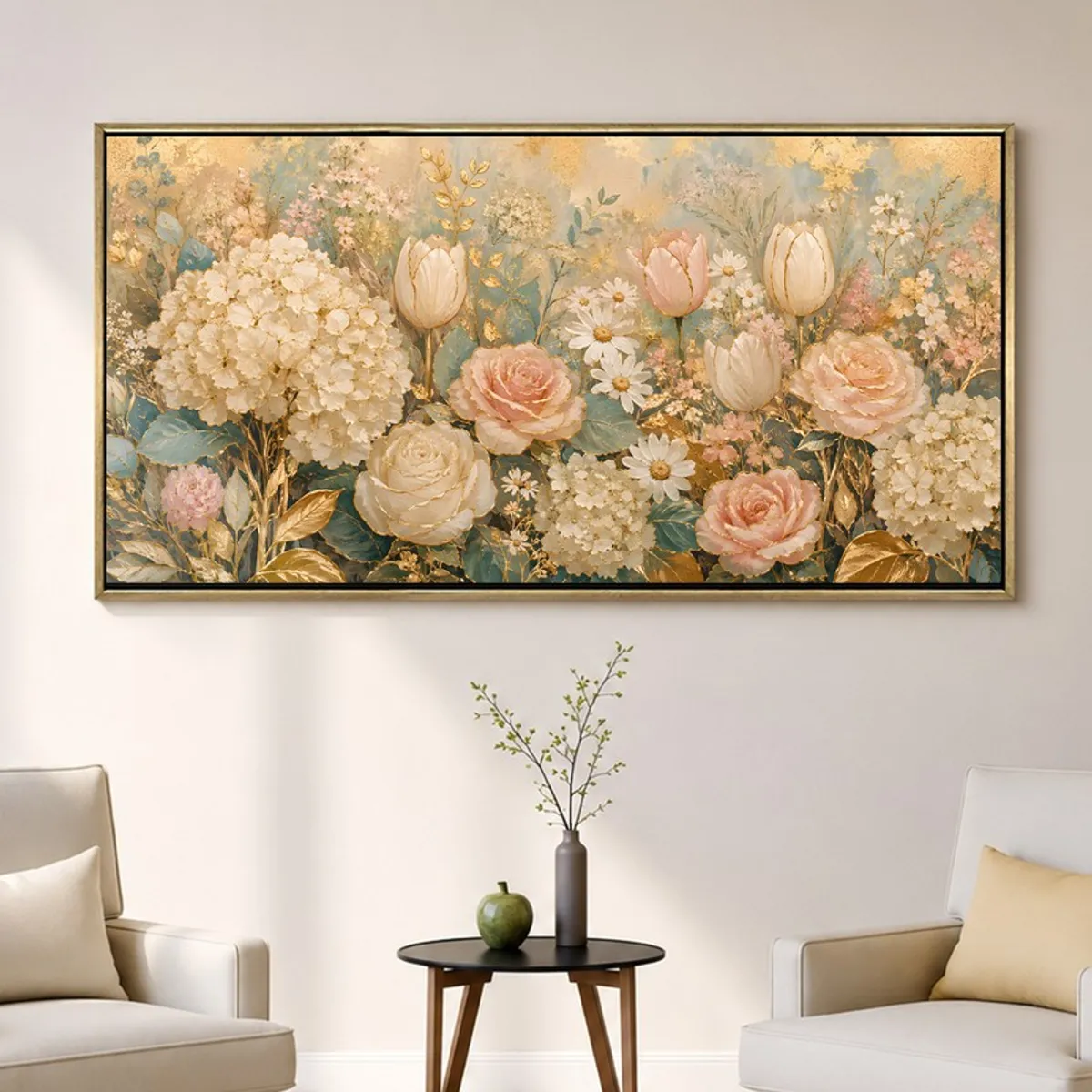 Framed floral wall art displayed in a bright living room setting