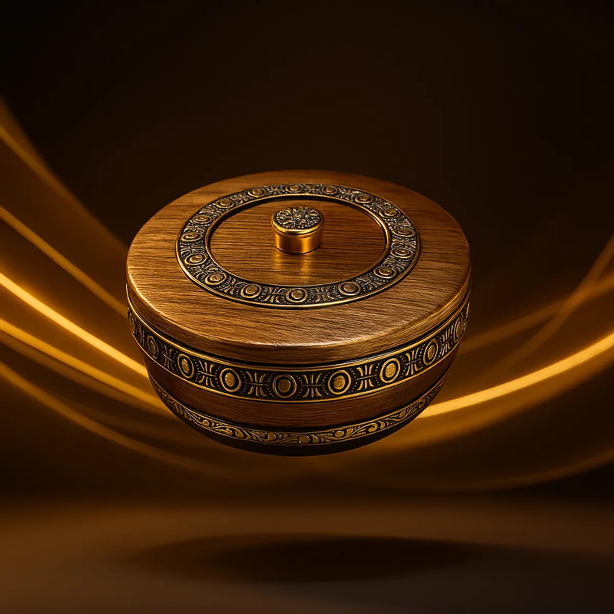 Closed brown and gold round masala box shown against a dark background