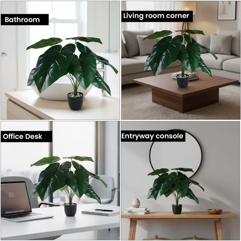 Faux leafy plant shown in a bathroom, living room, office and entryway setting.