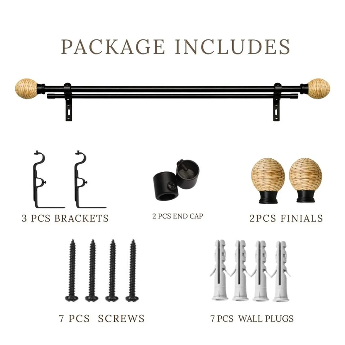 Double curtain rod set with rattan finials, brackets and mounting hardware laid out
