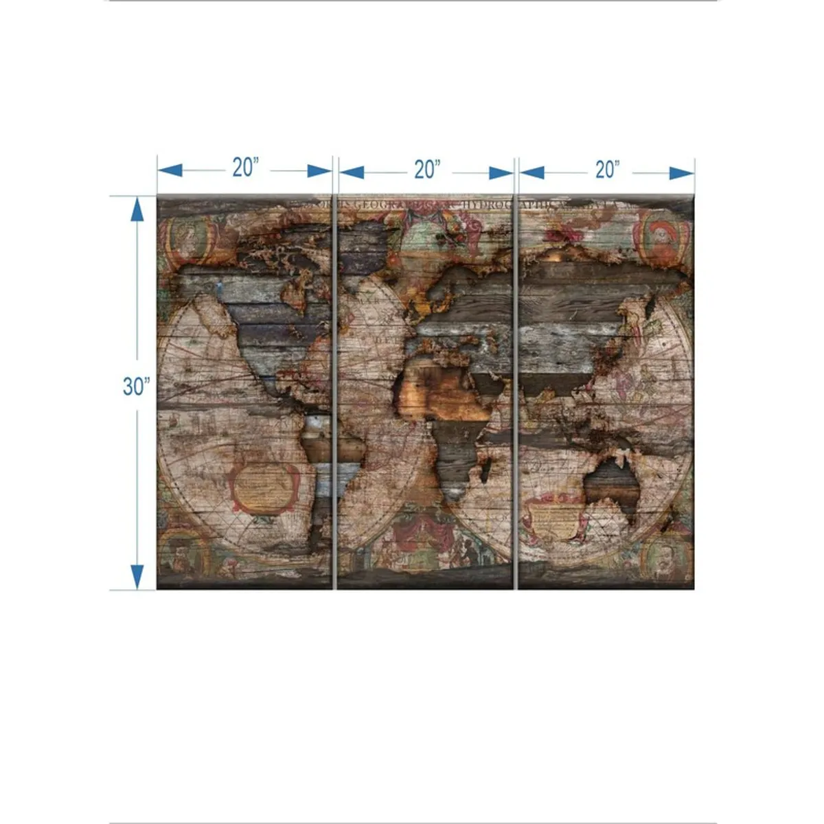 Three-panel world map canvas art with visible printed size markings