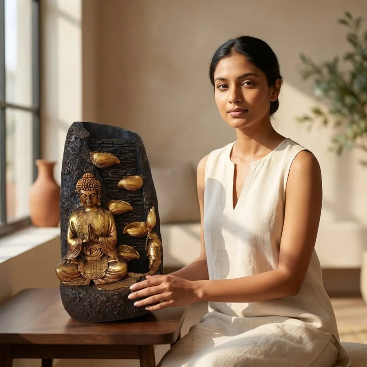Black and gold Buddha water fountain displayed on a table beside a seated woman