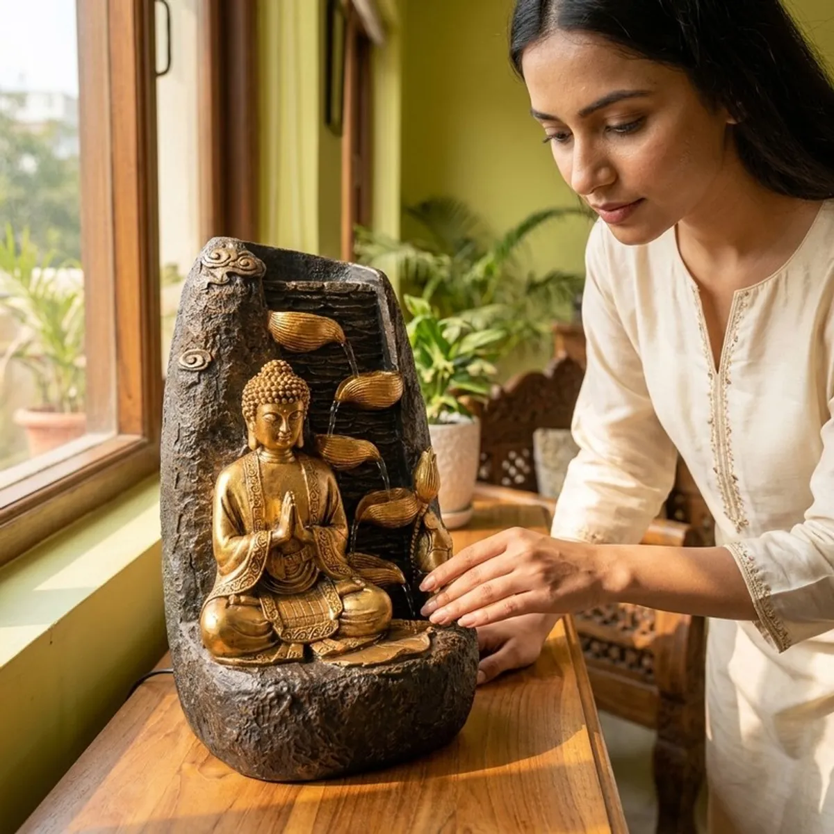 Person tending to a black and gold Buddha water fountain indoors