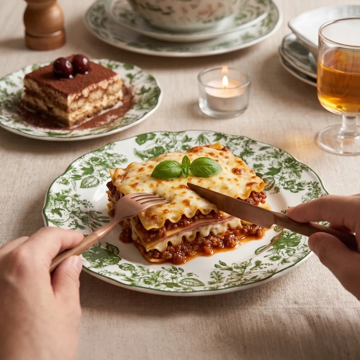 Green floral dinner plate styled with a serving of lasagne on a dining table
