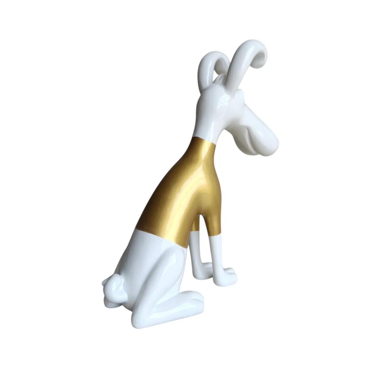 Rear angled view of the white and gold hound showpiece