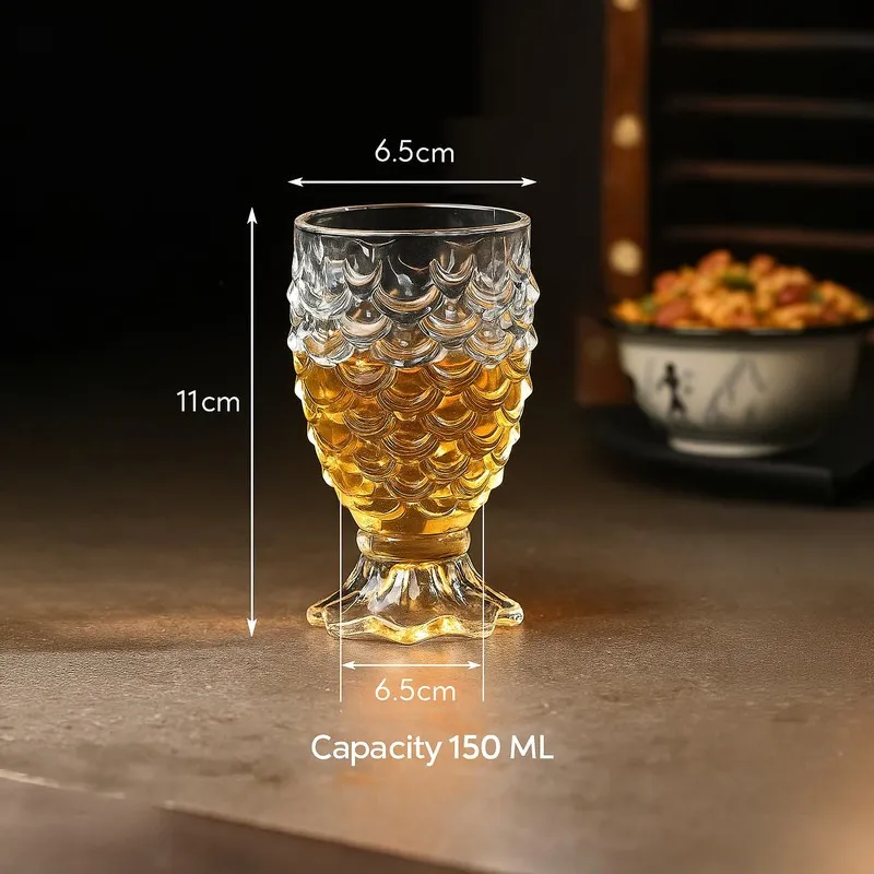 Transparent cocktail glass with an amber drink and printed size markings on the image