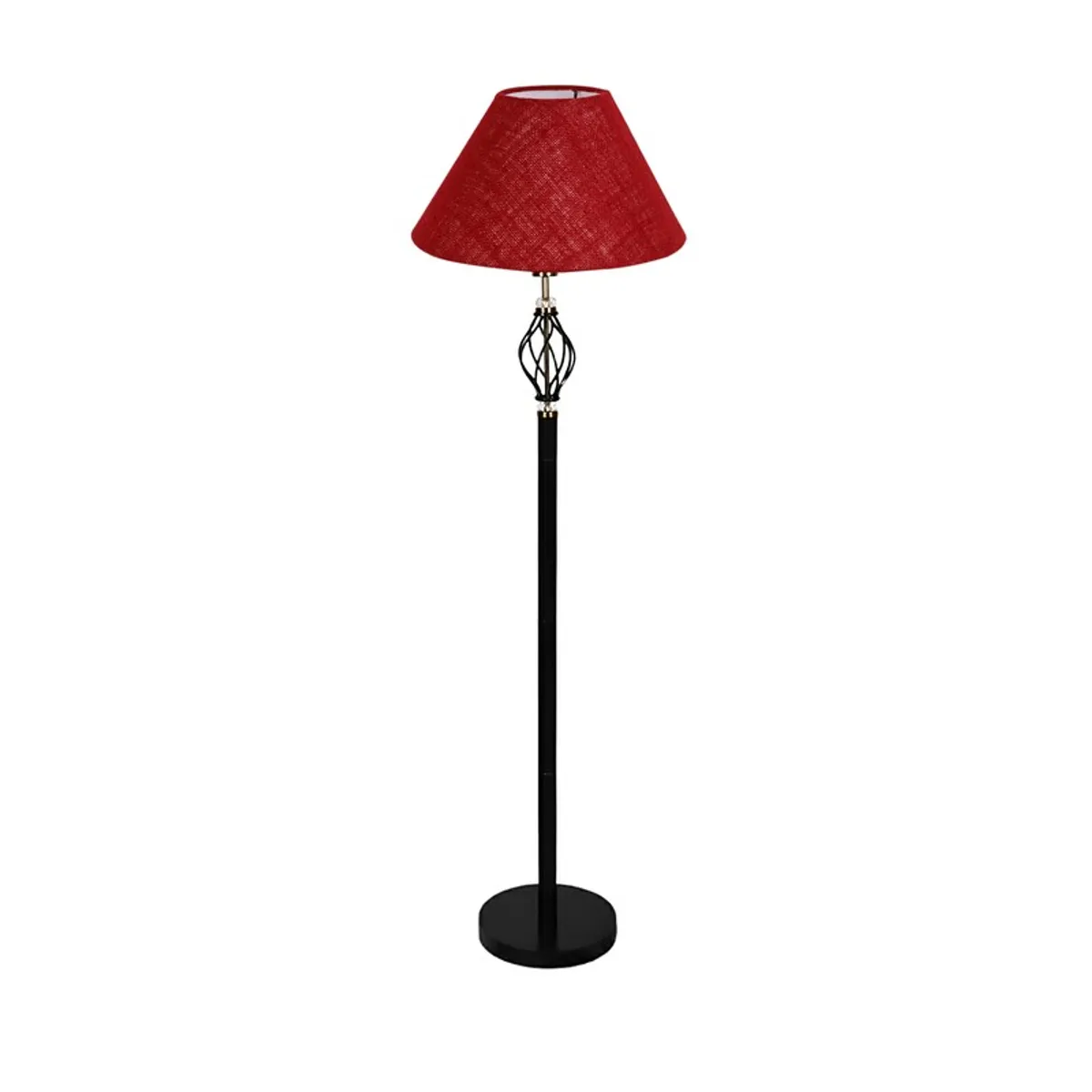 Full view of a red floor lamp with black stand on a white background.