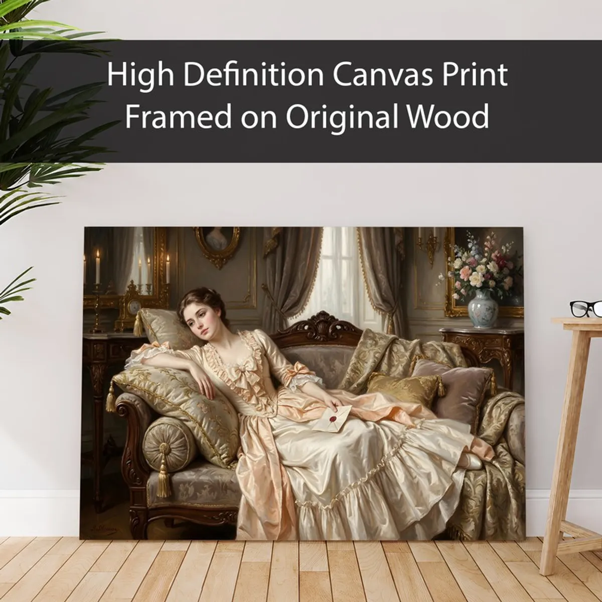 Large figurative canvas print leaned against a wall in a styled room