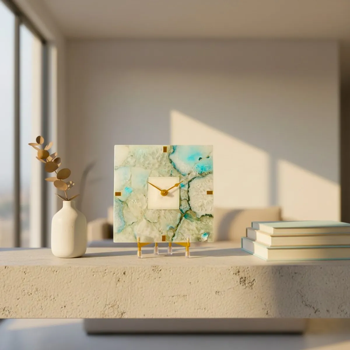 Square blue and white agate clock displayed on a stand beside books and a vase