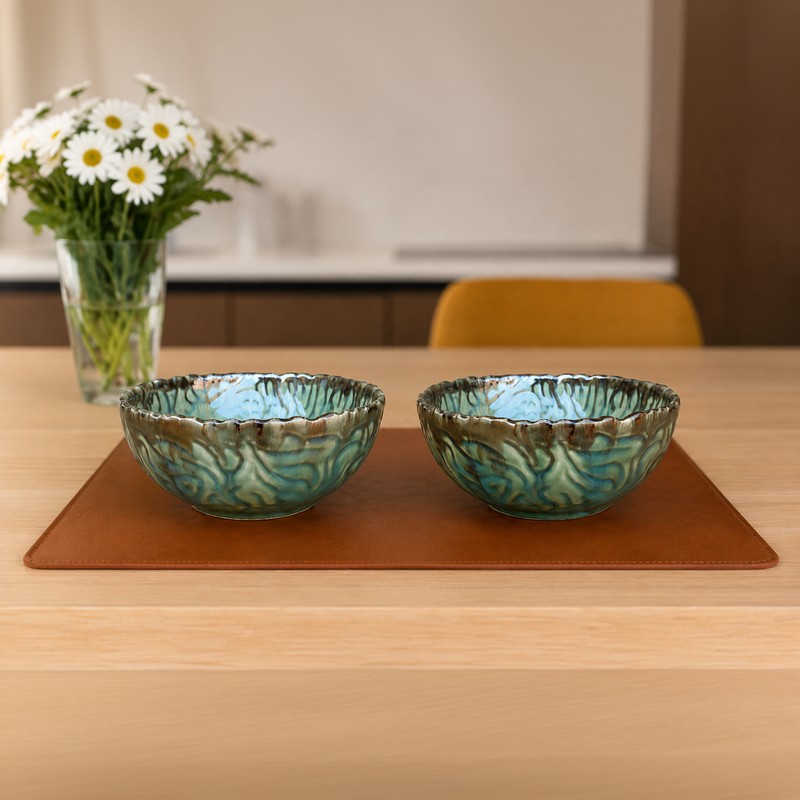 Dining Grace Ceramic Serving Bowls (Green & Brown/650 mL Each) - Set of Two - 650 mL