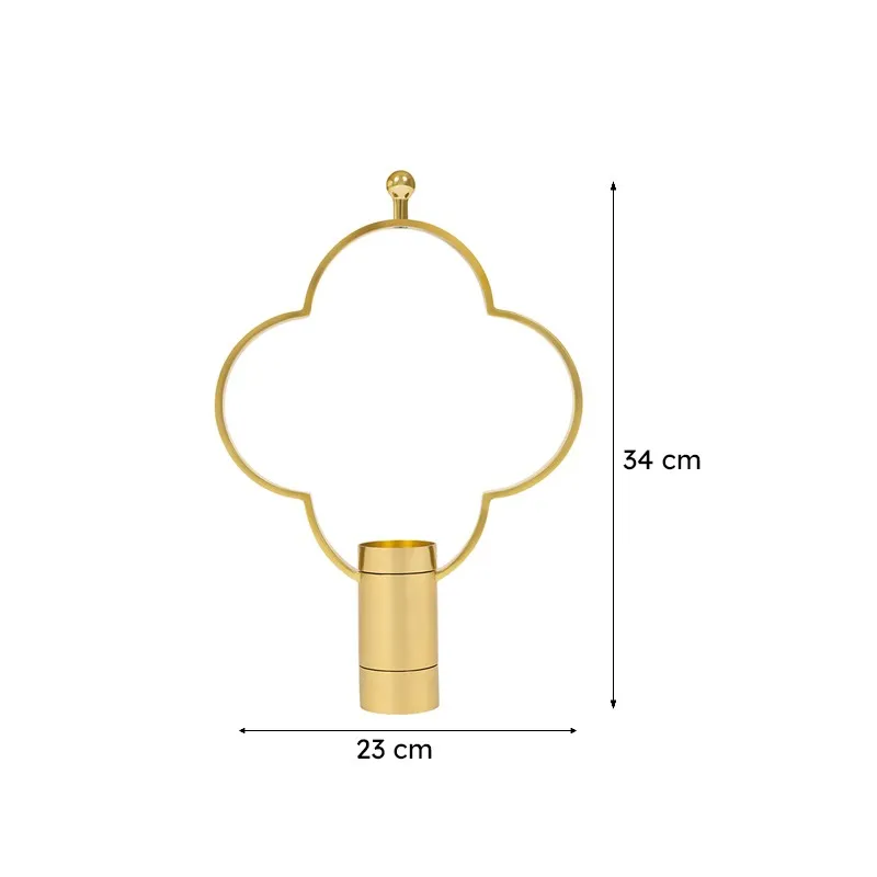 Gold candle holder with dimension markers shown in the image