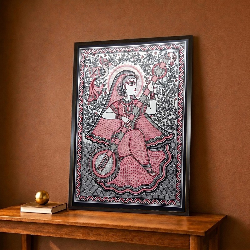 Musical Maiden Madhubani Canvas Wall Painting