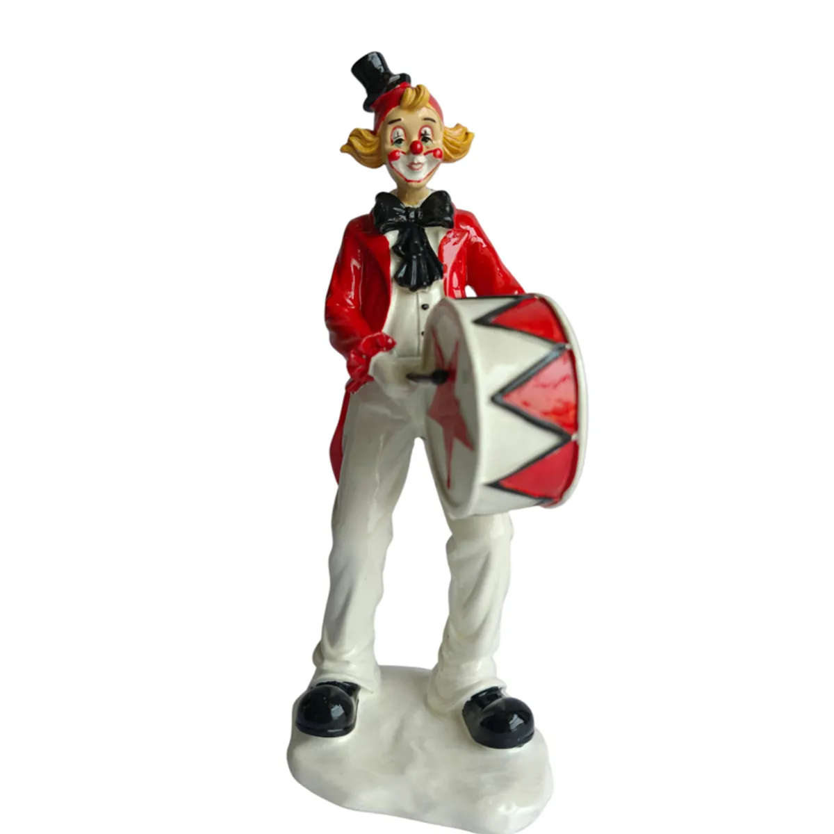 Front view of a glossy clown drummer figurine on a white background