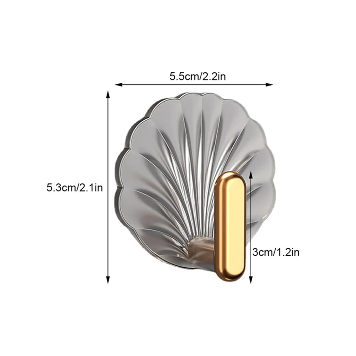 Close-up of a shell-shaped wall hook with width and height measurements